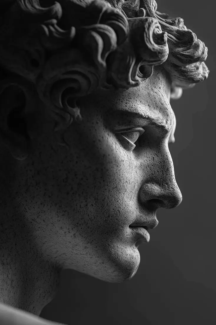 Profil d’une statue antique en marbre, en noir et blanc